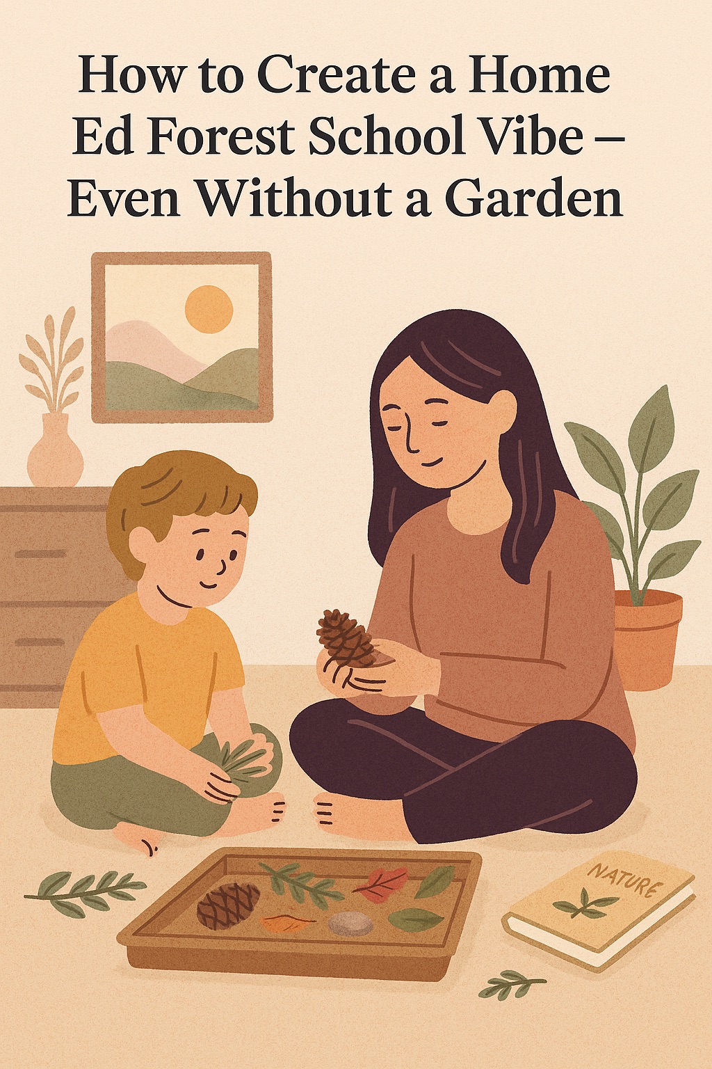 Illustration of a gentle home education scene indoors with a mum and child exploring pinecones and leaves together. Soft colours and nature elements create a calm, connected atmosphere.