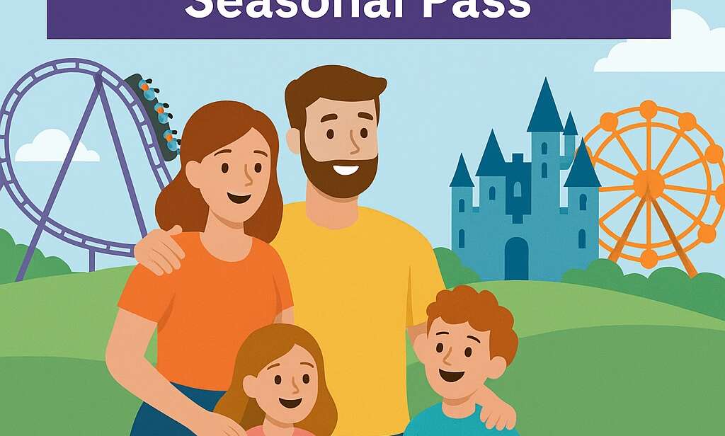 Illustrated family in front of Alton Towers theme park promoting three-month seasonal pass with “Buy Now” button.