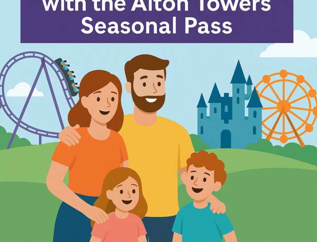 Illustrated family in front of Alton Towers theme park promoting three-month seasonal pass with “Buy Now” button.