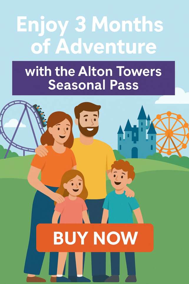 Illustrated family in front of Alton Towers theme park promoting three-month seasonal pass with “Buy Now” button.