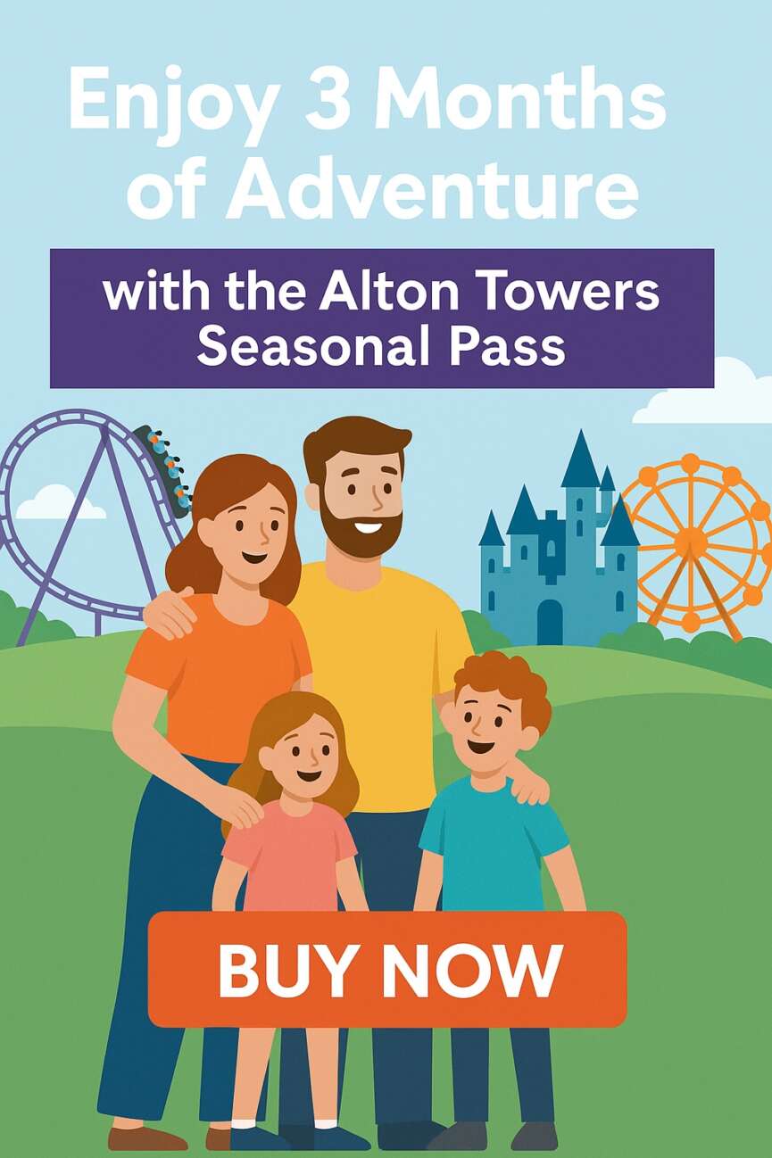 Illustrated family in front of Alton Towers theme park promoting three-month seasonal pass with “Buy Now” button.
