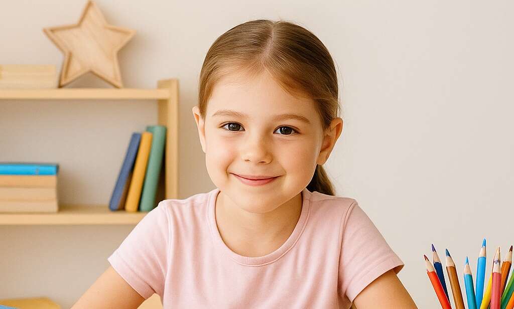 Child at home desk with books and crayons smiling on first day of term