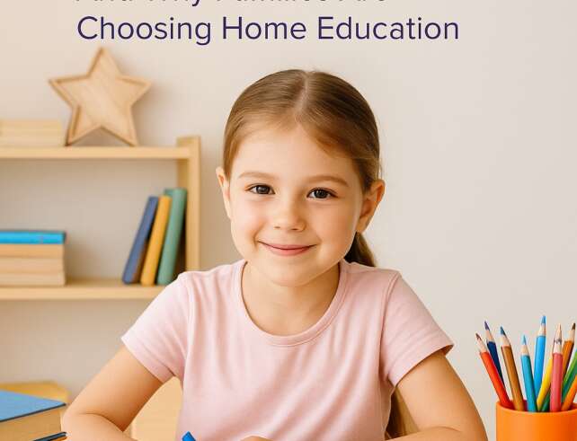 Child at home desk with books and crayons smiling on first day of term