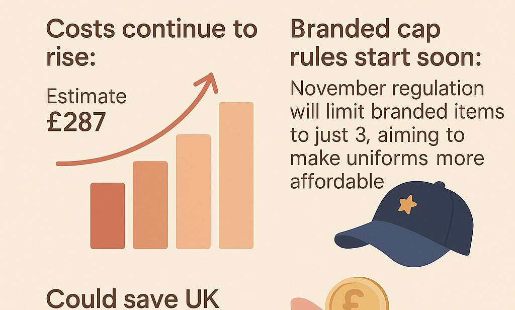 Infographic showing rising school uniform costs in the UK 2025 and savings from new branded cap rules