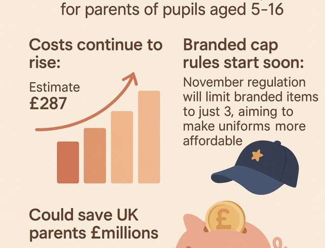 Infographic showing rising school uniform costs in the UK 2025 and savings from new branded cap rules
