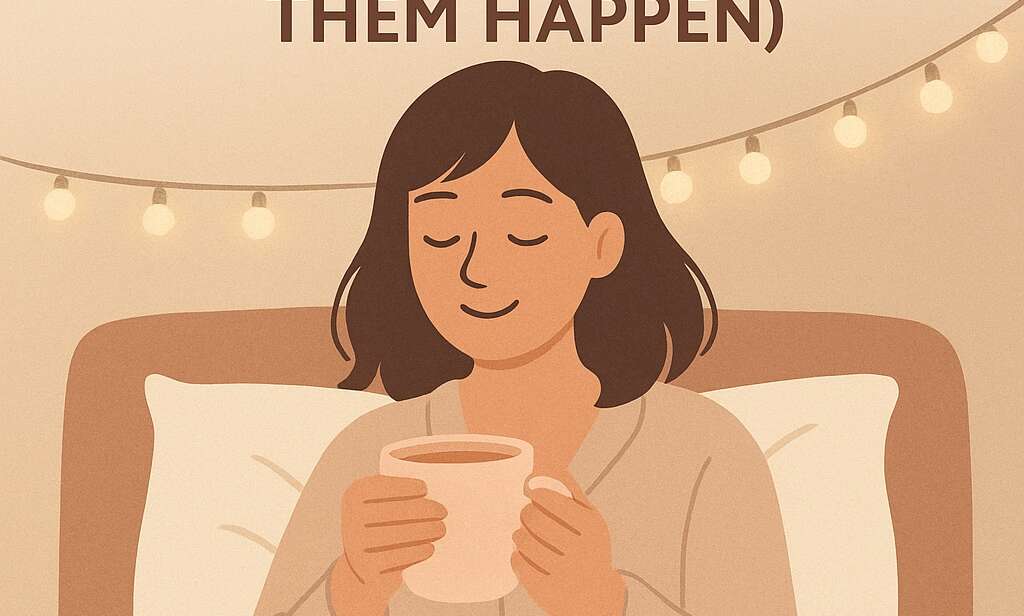Mum in cosy pyjamas holding a mug in bed with soft fairy lights glowing