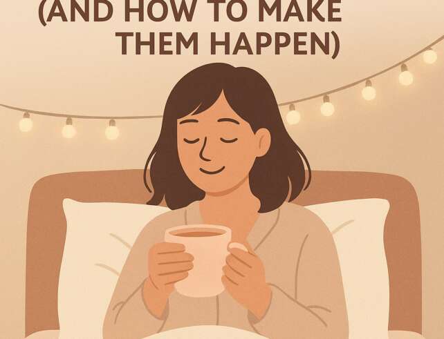 Mum in cosy pyjamas holding a mug in bed with soft fairy lights glowing