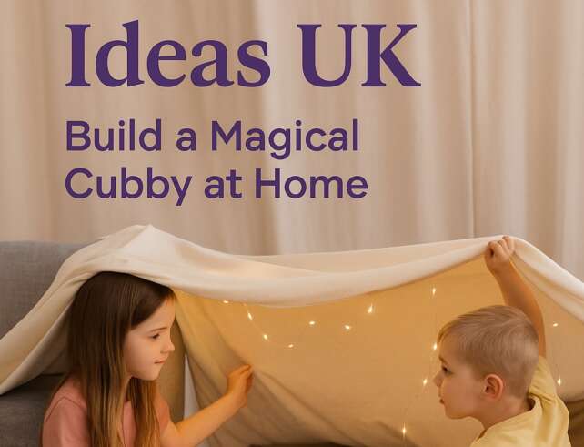 Kids building an indoor fort with blankets and fairy lights on a rainy UK day