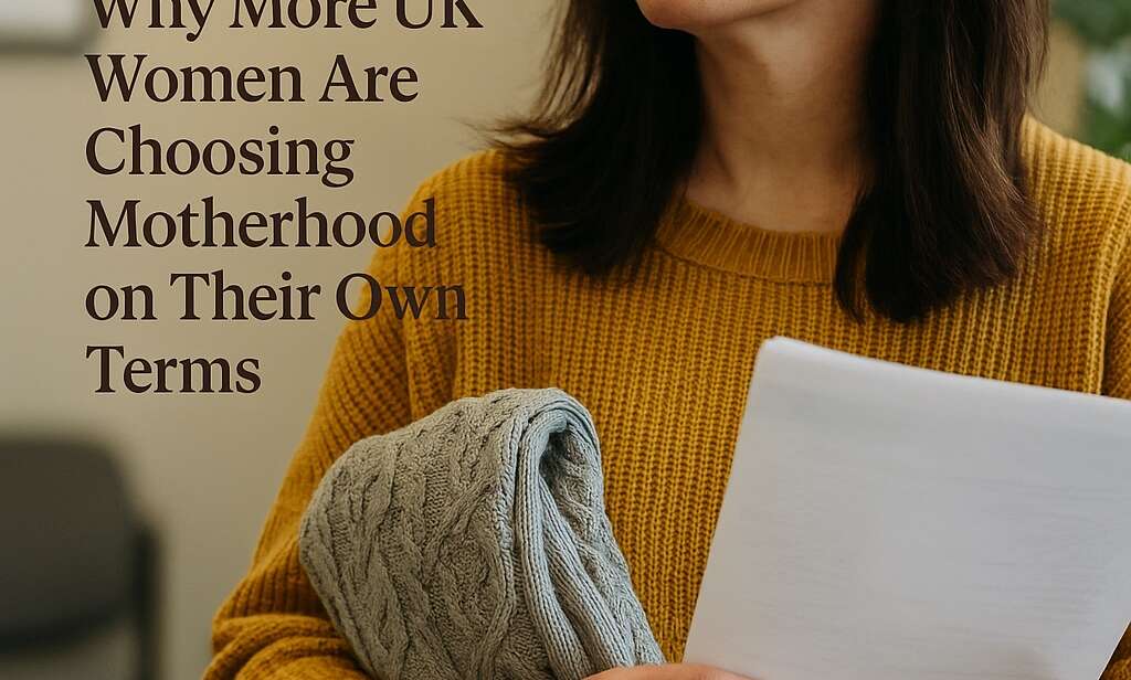 Woman in her forties holding a baby blanket and paperwork, looking both nervous and hopeful