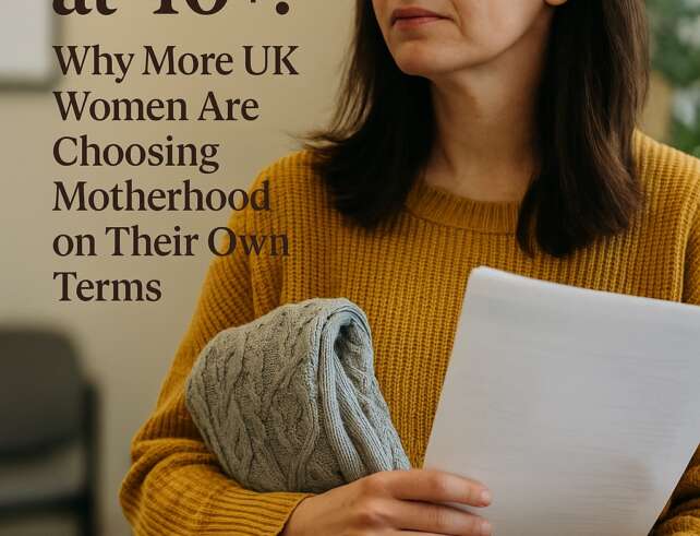 Woman in her forties holding a baby blanket and paperwork, looking both nervous and hopeful